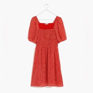 🔥🔥🔥NEW Madewell Silk Lucie Puff-Sleeve Smocked Red Mini Dress in Park Picnic